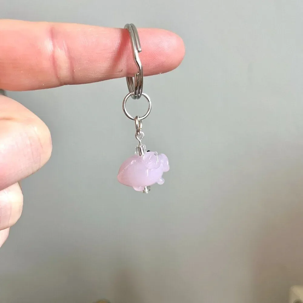 Glass Pink Pig Charm Key Chain